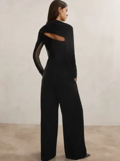 Reiss Black Karolina Velvet Sheer-Panel Wide-Leg Jumpsuit