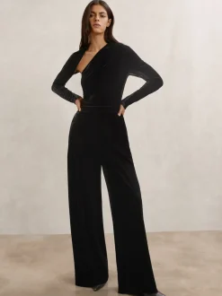 Reiss Black Karolina Velvet Sheer-Panel Wide-Leg Jumpsuit