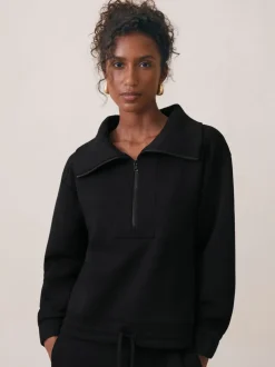 Reiss Black Laney Premium Interlock Half-Zip Sweatshirt