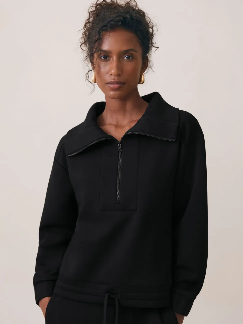 Reiss Black Laney Premium Interlock Half-Zip Sweatshirt