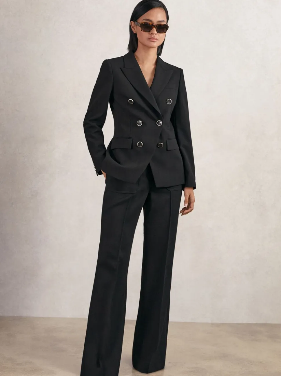 Reiss Black Lia Wool-Blend Double-Breasted Blazer