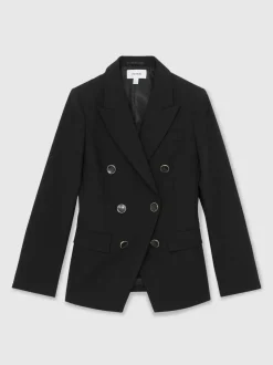 Reiss Black Lia Wool-Blend Double-Breasted Blazer