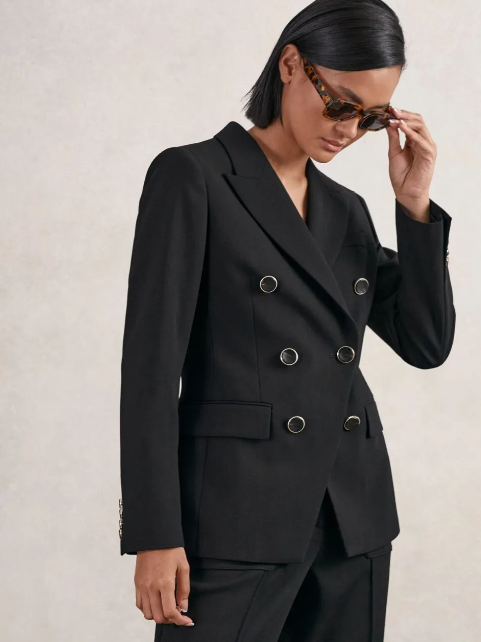 Reiss Black Lia Wool-Blend Double-Breasted Blazer