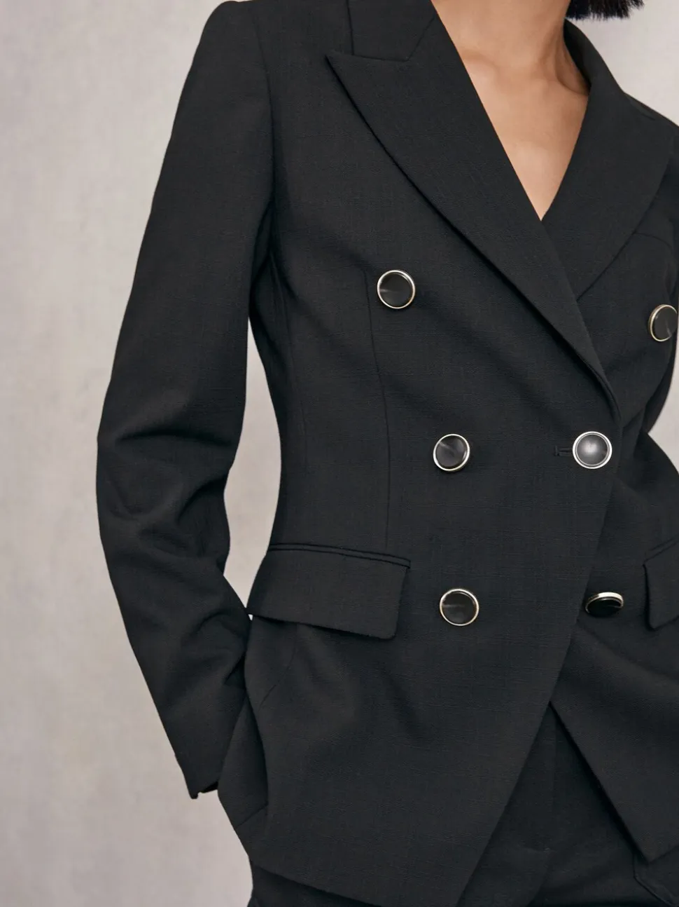 Reiss Black Lia Wool-Blend Double-Breasted Blazer