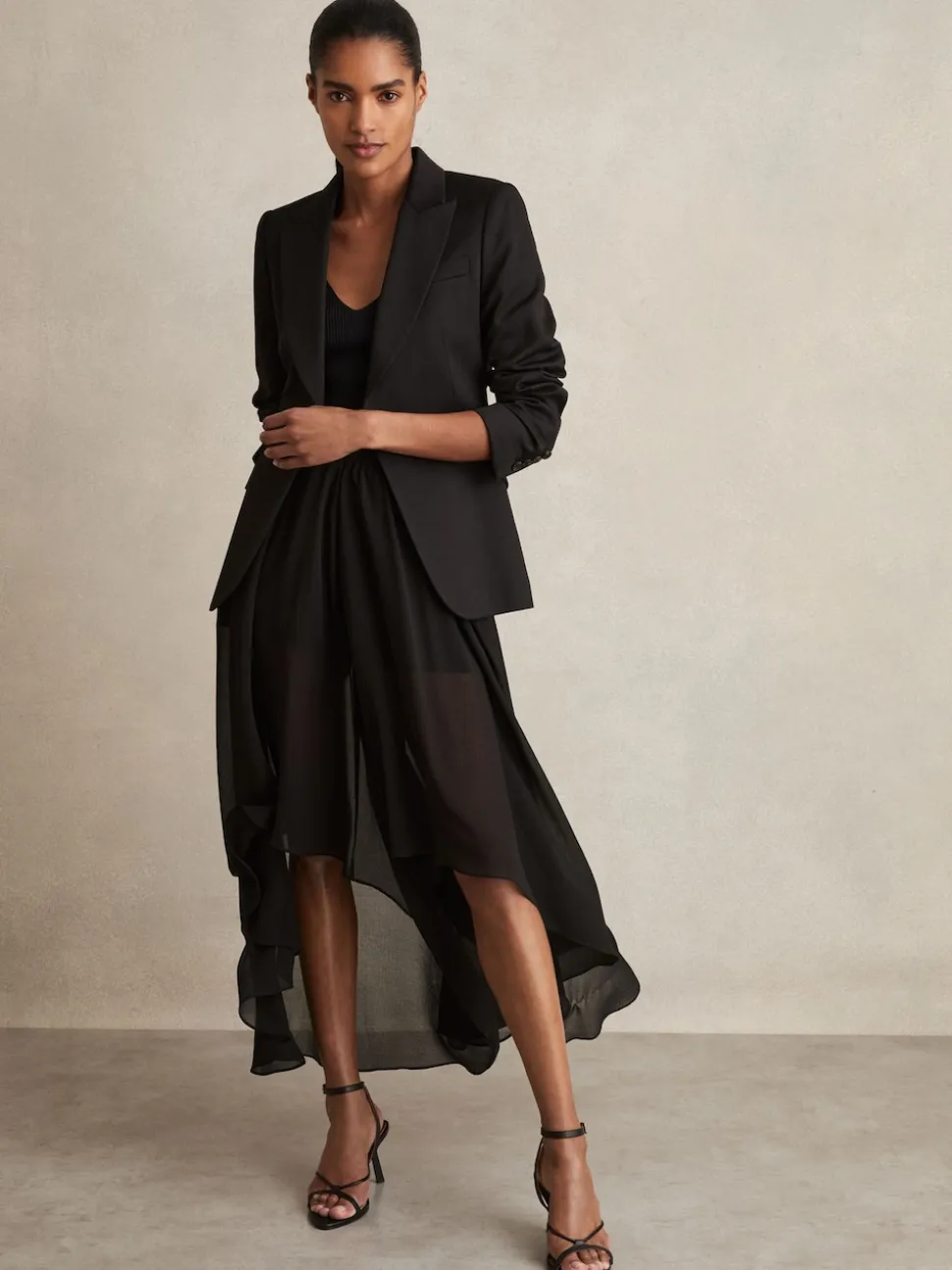 Reiss Black Lucie Sheer-Overlay High-Low Shorts