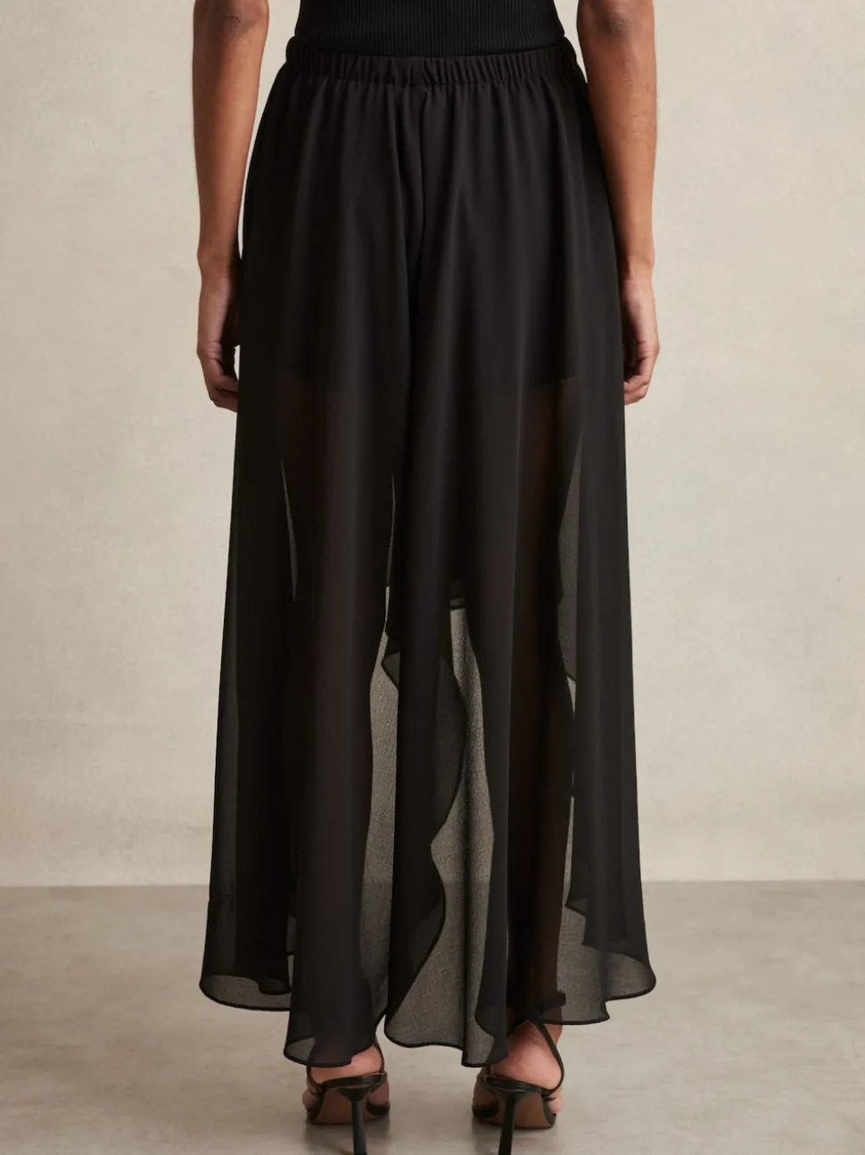 Reiss Black Lucie Sheer-Overlay High-Low Shorts