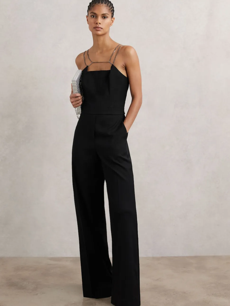 Reiss Black Olara Chain-Strap Wide-Leg Jumpsuit