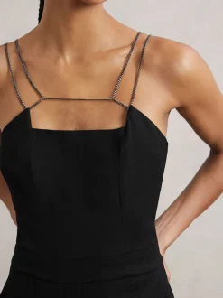 Reiss Black Olara Chain-Strap Wide-Leg Jumpsuit