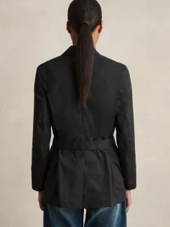 Reiss Black Osbourne Cotton Blend Double Breasted Belted Jacket