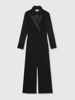 Reiss Black Perla Sheer-Sleeve Tuxedo Jumpsuit