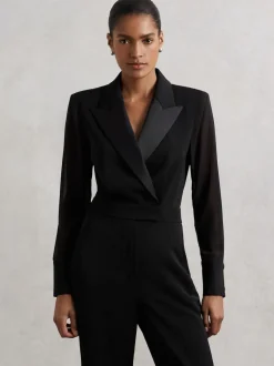 Reiss Black Perla Sheer-Sleeve Tuxedo Jumpsuit