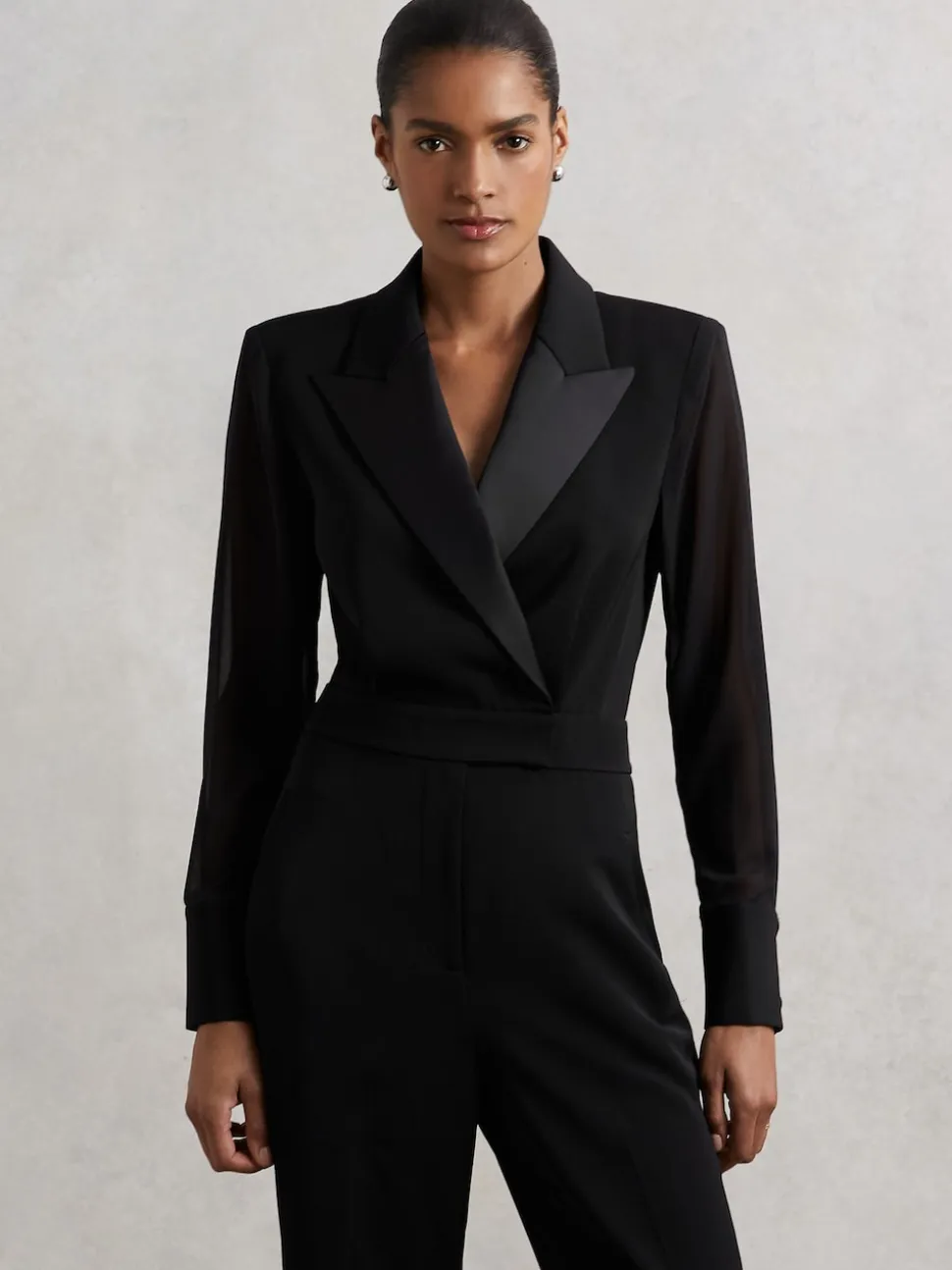 Reiss Black Perla Sheer-Sleeve Tuxedo Jumpsuit