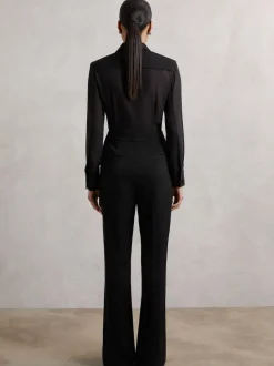 Reiss Black Perla Sheer-Sleeve Tuxedo Jumpsuit