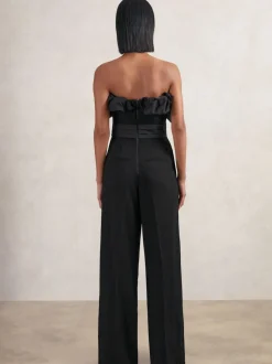 Reiss Black Sabbie Sculptural Strapless Wide-Leg Jumpsuit