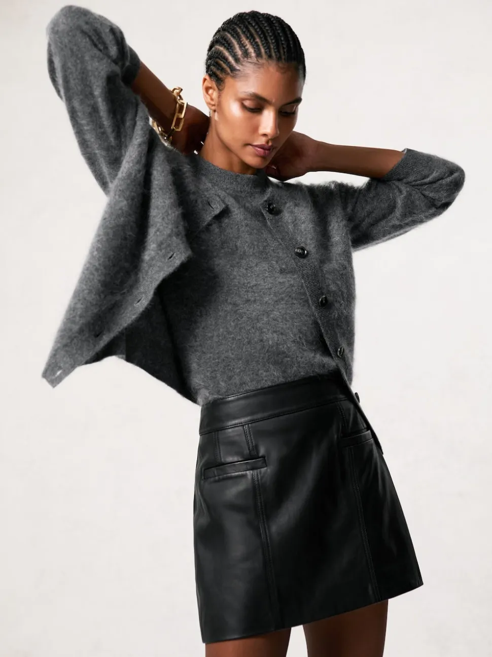 Reiss Black Seema Leather Welt-Pocket Mini Skirt