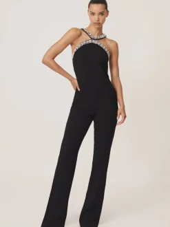 Reiss Black Simone Crystal-Embellished Cut-Out Jumpsuit