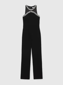 Reiss Black Simone Crystal-Embellished Cut-Out Jumpsuit