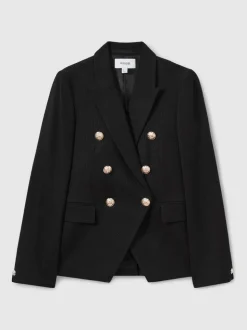 Reiss Black Tally Petite Tailored Fit Textured Double Breasted Blazer