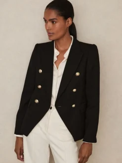Reiss Black Tally Petite Tailored Fit Textured Double Breasted Blazer