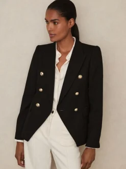 Reiss Black Tally Tailored Fit Textured Double Breasted Blazer
