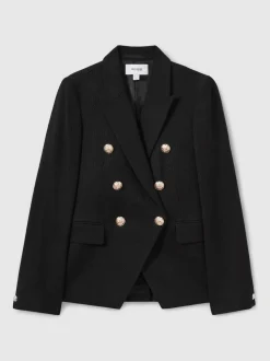 Reiss Black Tally Tailored Fit Textured Double Breasted Blazer
