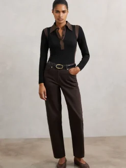 Reiss Black/Chocolate Brown Denise Jersey Colour-Block Collared Shirt
