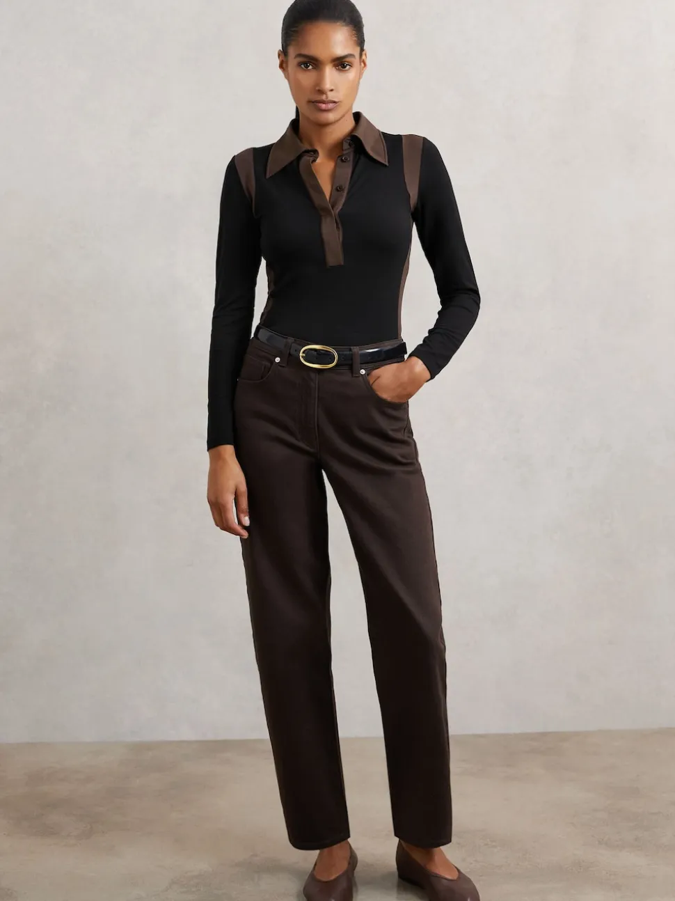 Reiss Black/Chocolate Brown Denise Jersey Colour-Block Collared Shirt