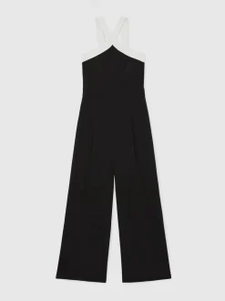 Reiss Black/Cream Cliona Colour-Block Halter Wide-Leg Jumpsuit