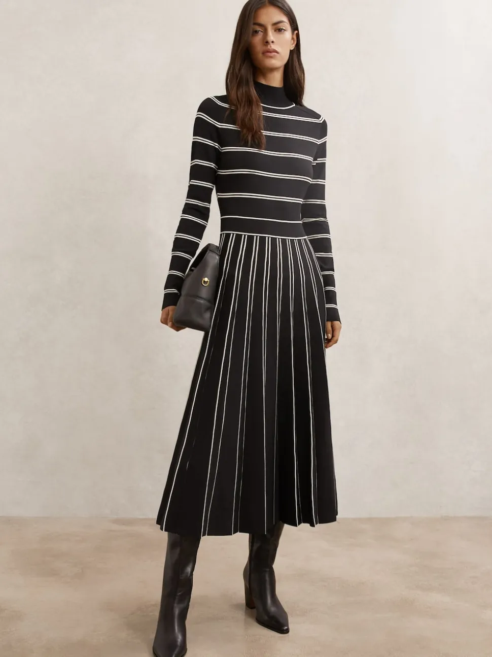 Reiss Black/Ivory Amber Stripe Pleated Knitted Midi Dress