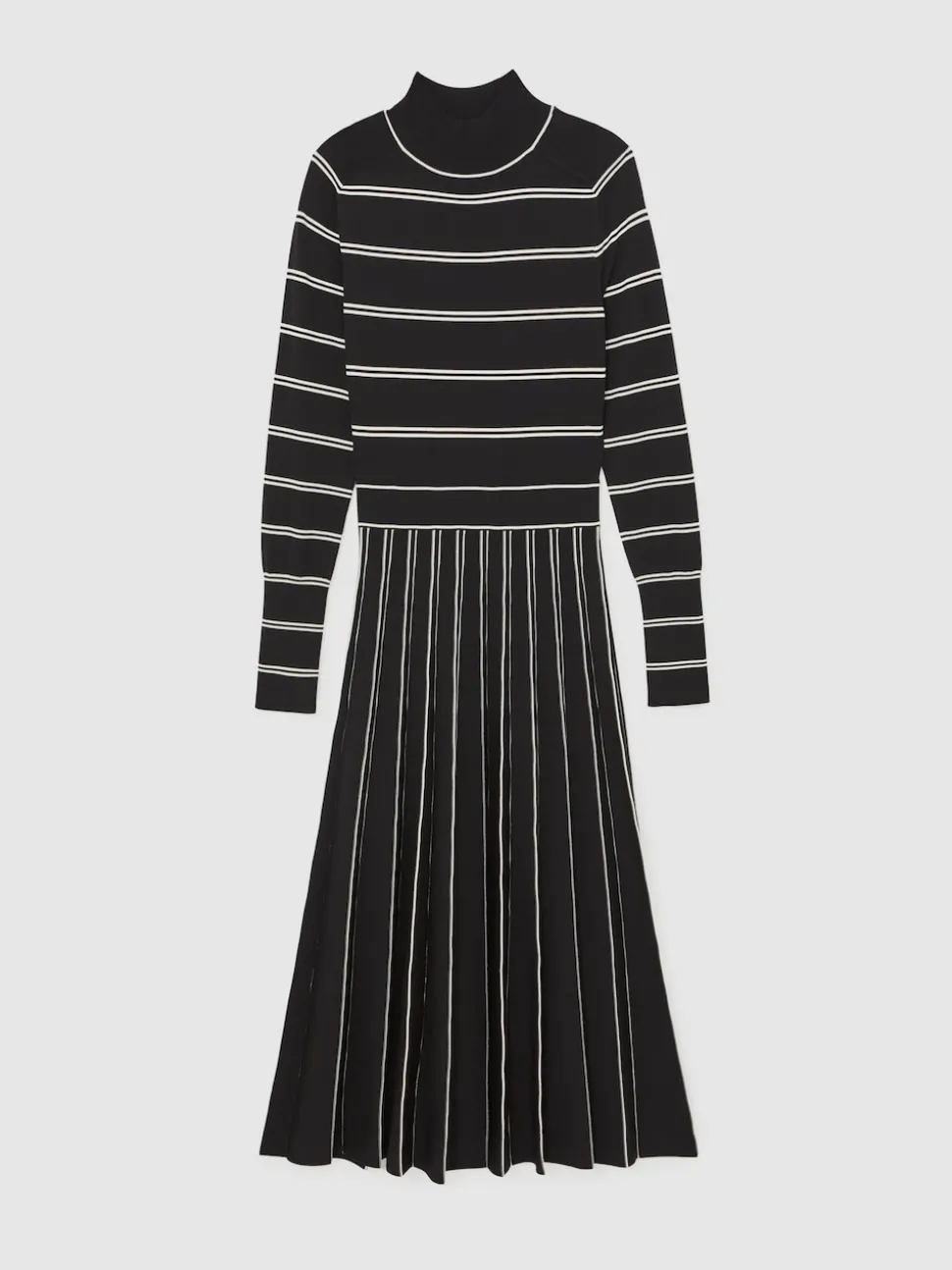 Reiss Black/Ivory Amber Stripe Pleated Knitted Midi Dress