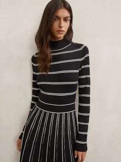 Reiss Black/Ivory Amber Stripe Pleated Knitted Midi Dress