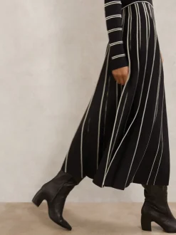 Reiss Black/Ivory Amber Stripe Pleated Knitted Midi Dress