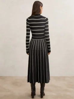 Reiss Black/Ivory Amber Stripe Pleated Knitted Midi Dress