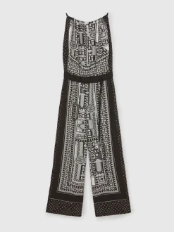 Reiss Black/Ivory Inara Scarf-Print Wide-Leg Jumpsuit