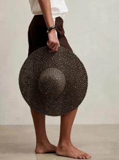 Reiss Black/Natural Sonia Straw Basket-Weave Sun Hat