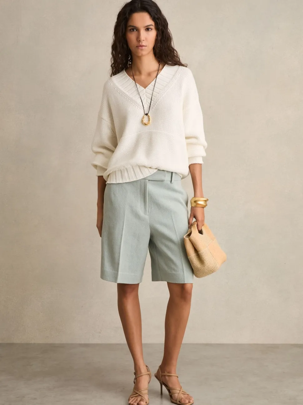Reiss Blue Dalora Tailored Bermuda Shorts with Linen