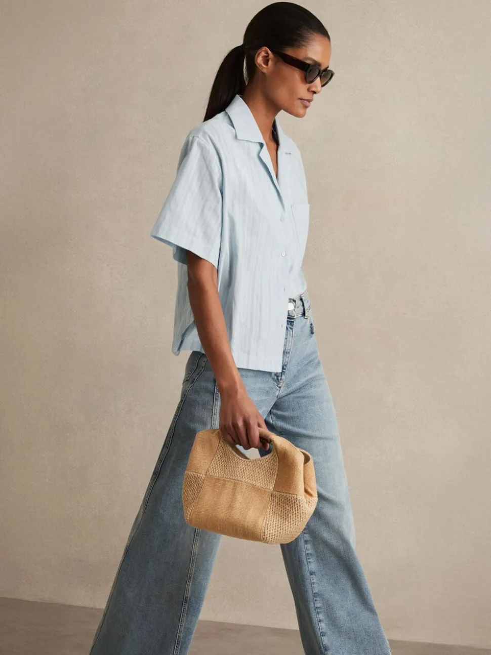 Reiss Blue Molly Cotton Pointelle Shirt and Shorts Set