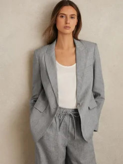 Reiss Blue Willow Linen-Blend Single-Breasted Blazer