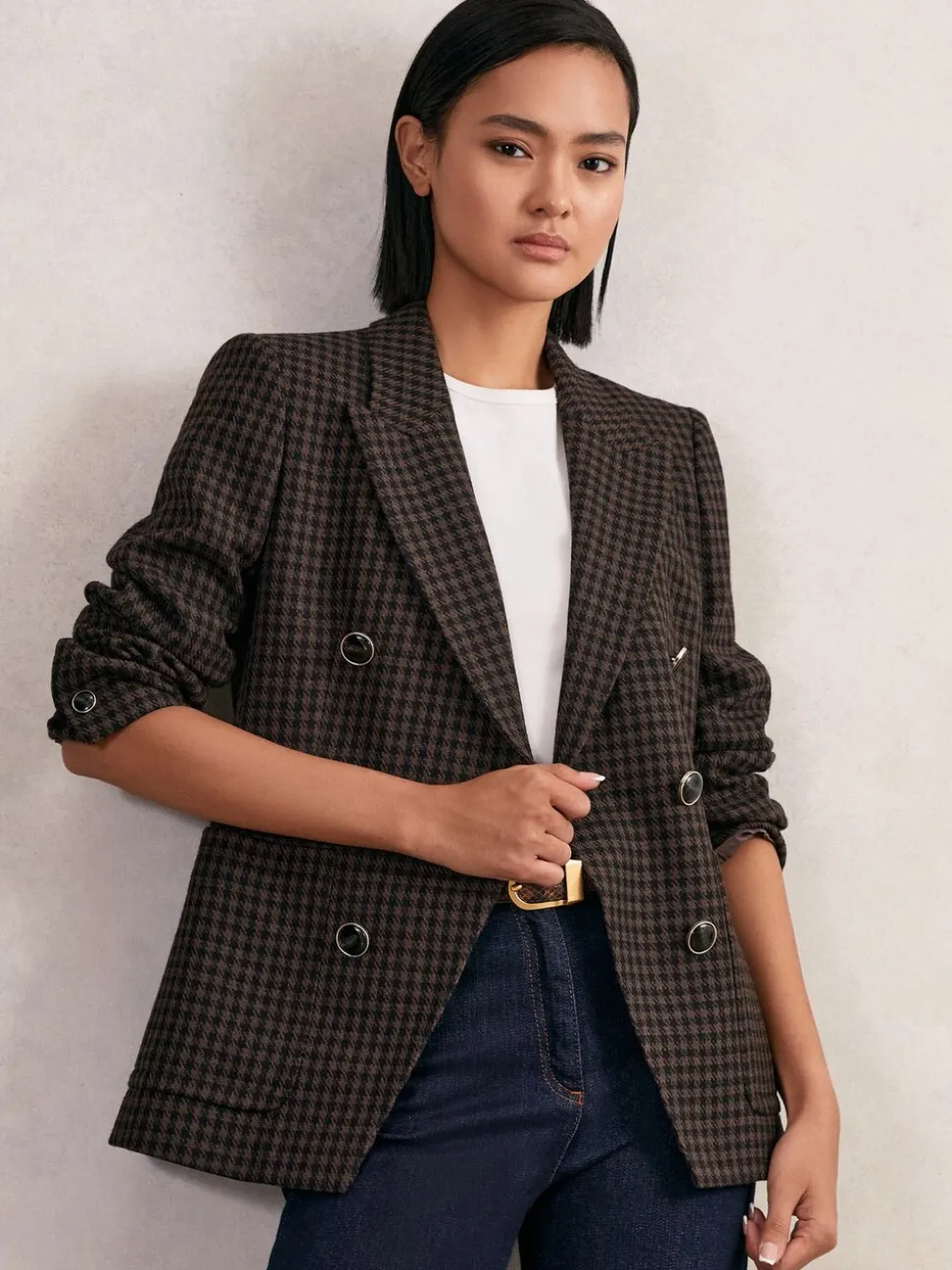Reiss Brown Check Ayla Wool-Blend Double-Breasted Check Blazer