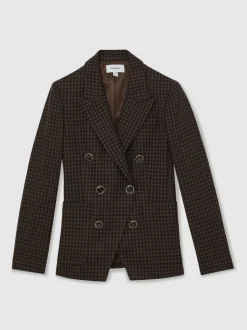 Reiss Brown Check Ayla Wool-Blend Double-Breasted Check Blazer