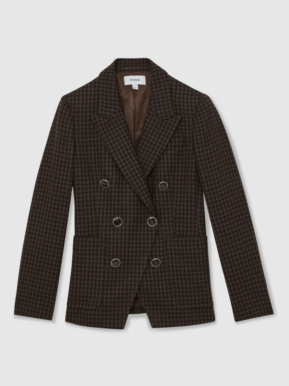 Reiss Brown Check Ayla Wool-Blend Double-Breasted Check Blazer