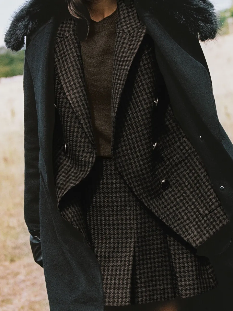 Reiss Brown Check Ayla Wool-Blend Double-Breasted Check Blazer