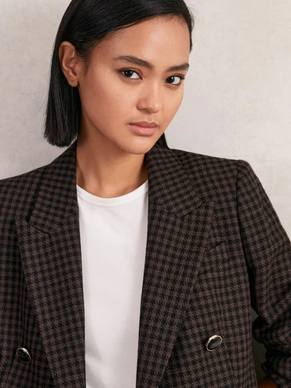 Reiss Brown Check Ayla Wool-Blend Double-Breasted Check Blazer