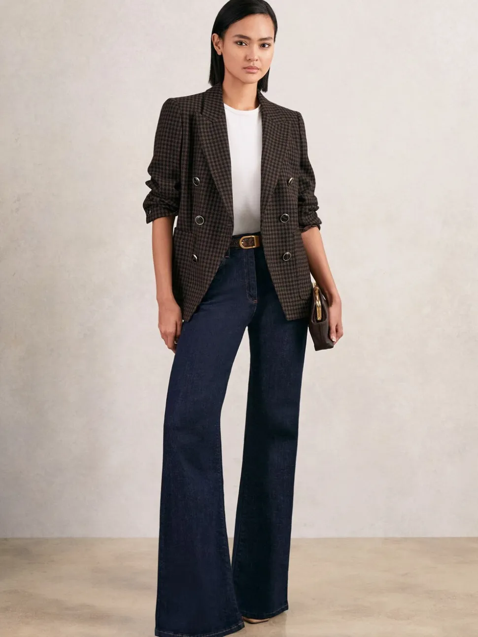 Reiss Brown Check Ayla Wool-Blend Double-Breasted Check Blazer