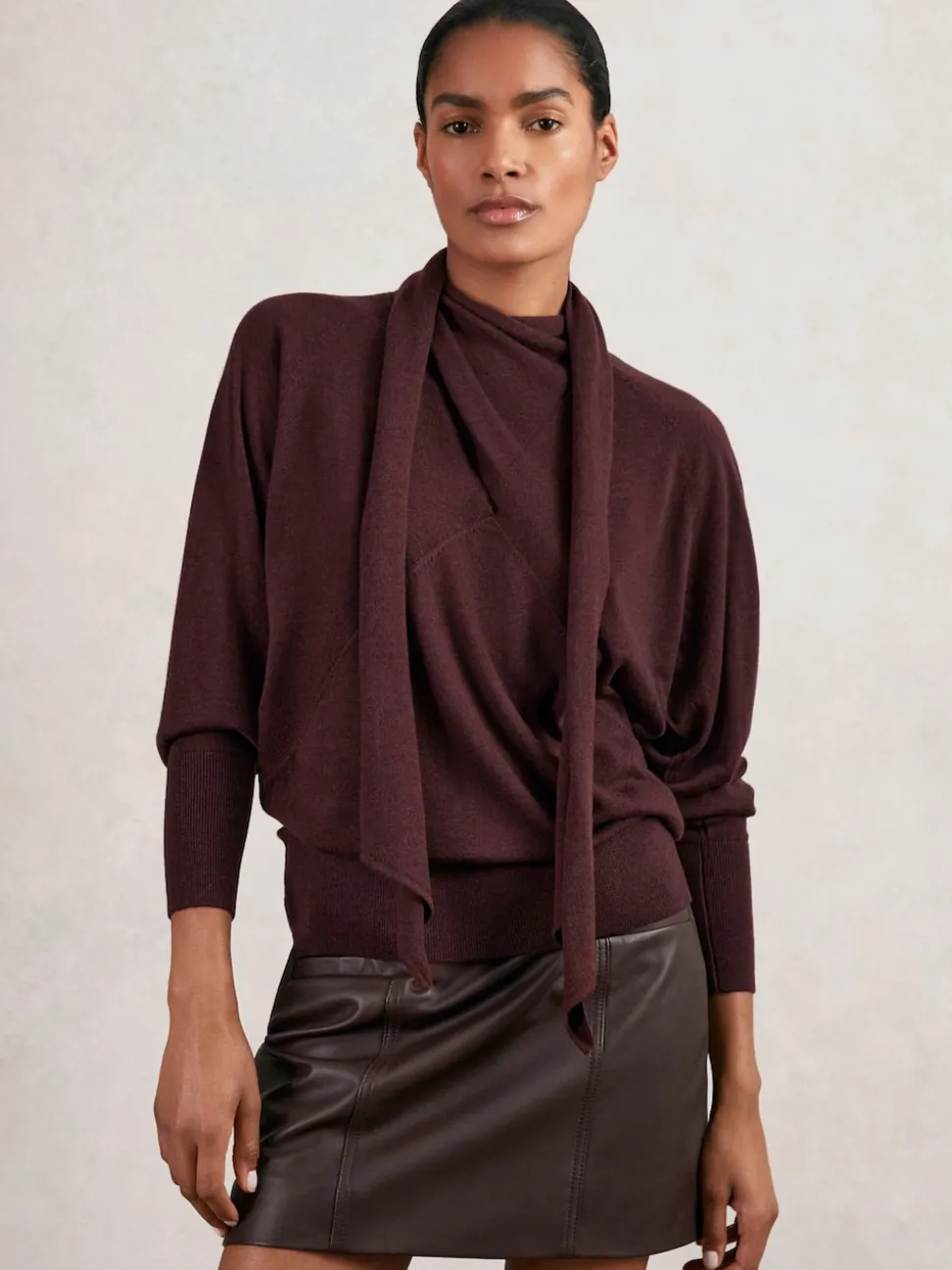 Reiss Burgundy Alexis Wool Scarf-Tie Draped Jumper