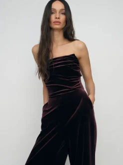 Reiss Burgundy Andria Petite Velvet Drape Strapless Jumpsuit