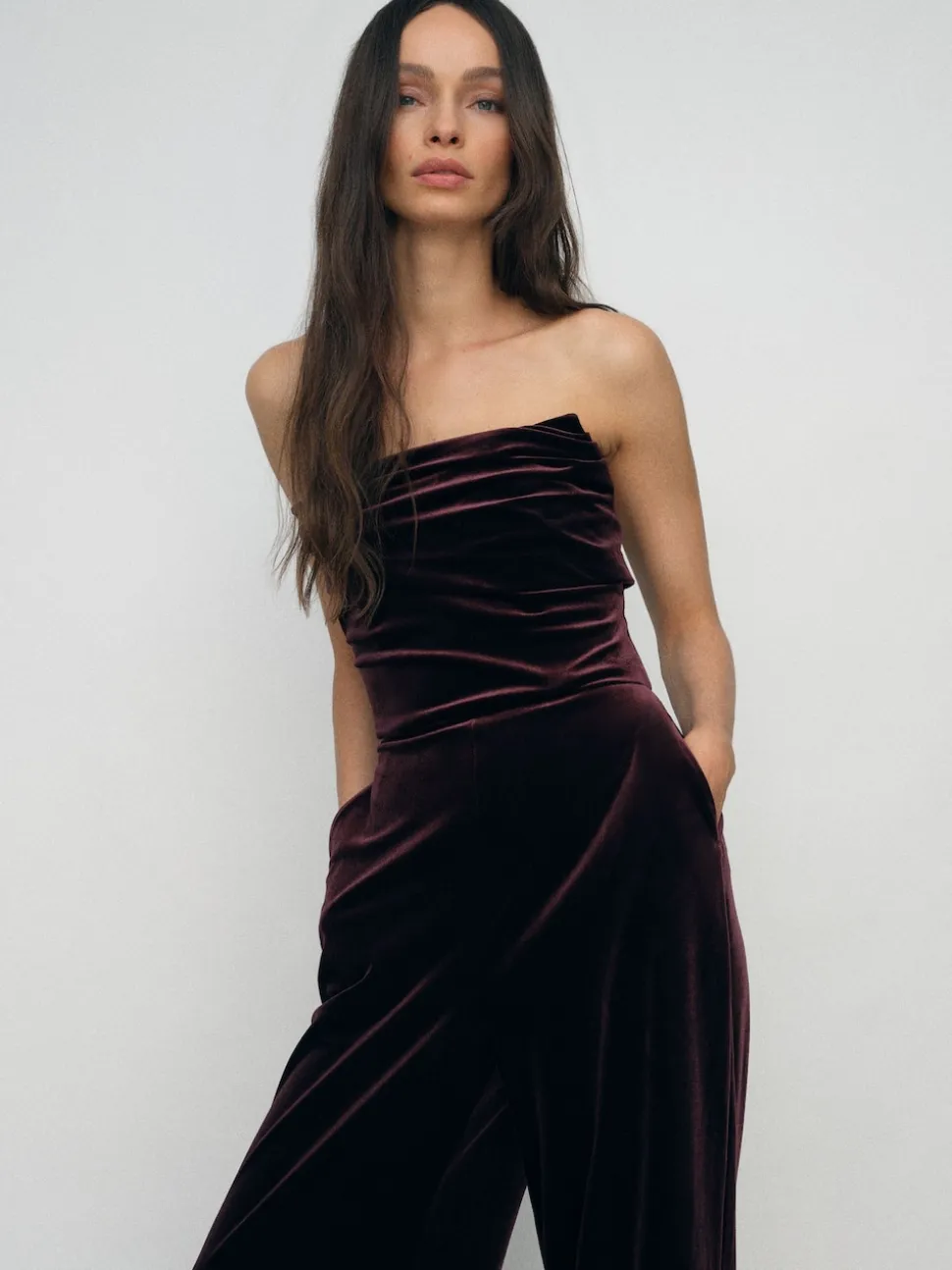 Reiss Burgundy Andria Petite Velvet Drape Strapless Jumpsuit