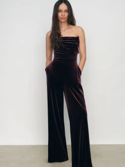 Reiss Burgundy Andria Petite Velvet Drape Strapless Jumpsuit