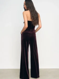 Reiss Burgundy Andria Petite Velvet Drape Strapless Jumpsuit
