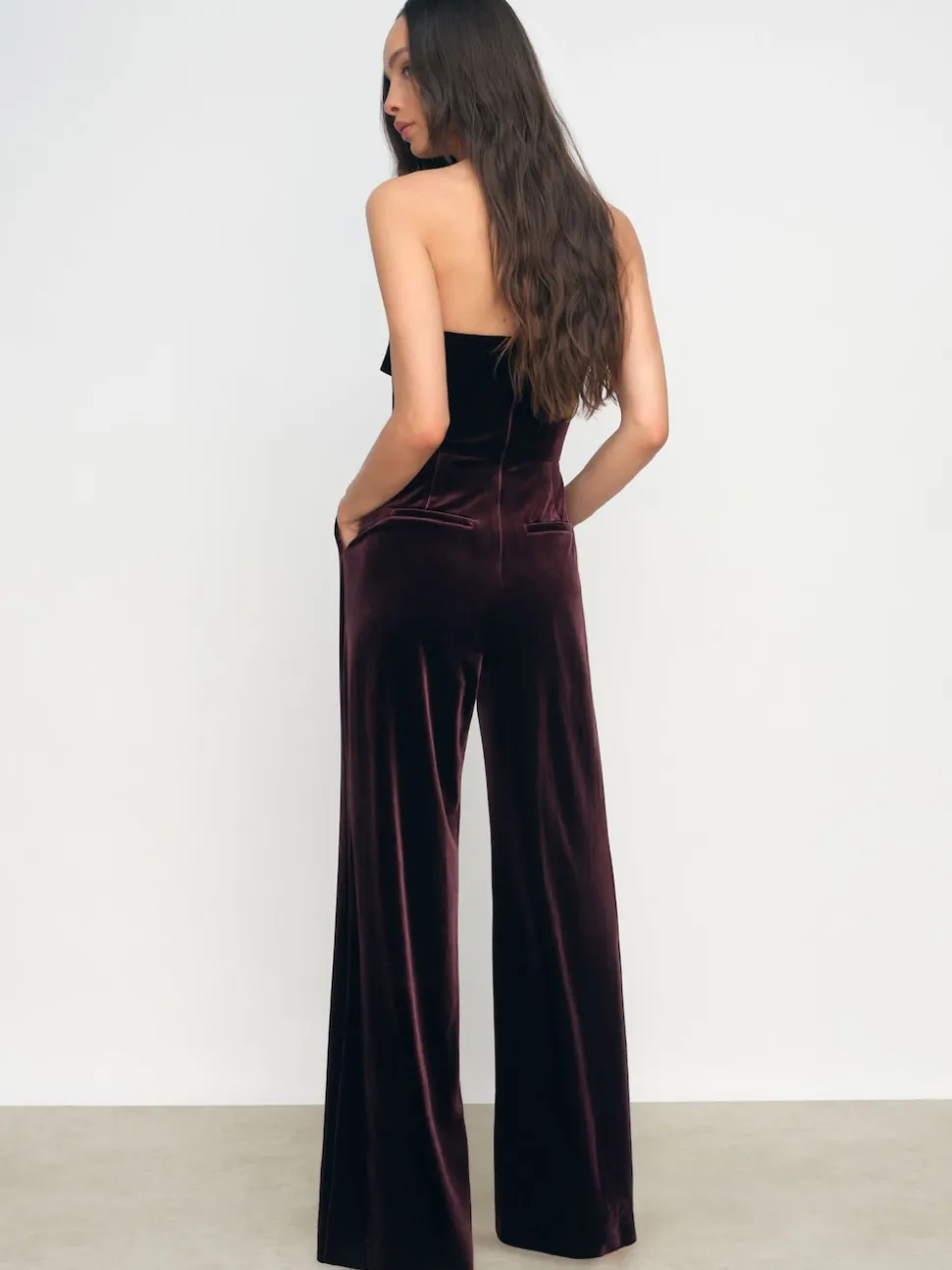 Reiss Burgundy Andria Petite Velvet Drape Strapless Jumpsuit